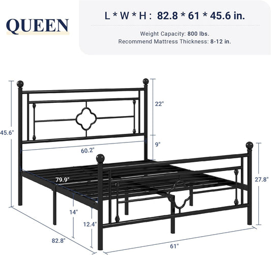 Queen Size Metal Platform Bed Frame with Victorian Vintage Headboard and Footboard/Mattress Foundation/Under Bed Storage/No Box Spring Needed/Noise-Free/Easy Assembly, Black