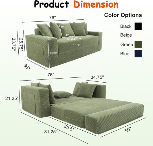 76" Convertible Sofa Bed, 2-In-1 Boneless Sleeper Sofa with Cup Holder & Pocket, Corduroy Pull Out Couch with 5 Pillows, Couch Bed for Living Room, Small Spaces, Bedroom, No Assembly