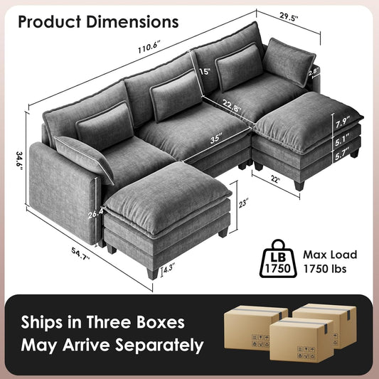Modular Sectional Sofa 110.6" U-Shaped Modern Comfy Cloud Couch, 5-Seat Chenille Deep Seat Sofa with Throw Pillow & Movable Ottoman for Living Room, Bedroom and Apartment, Grey