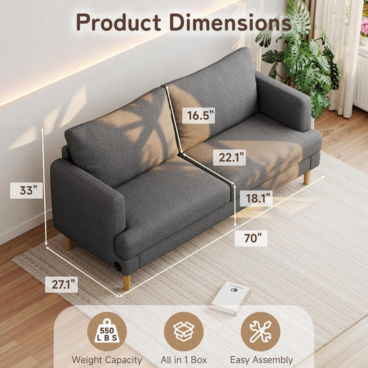 70" Modern Loveseat Sofa with USB Type-C Ports, Linen Fabric 2-Seater Deep Seat Couch, Cozy Small Couch Sofa for Living Room Bedroom Office Apartment (Dark Gray)