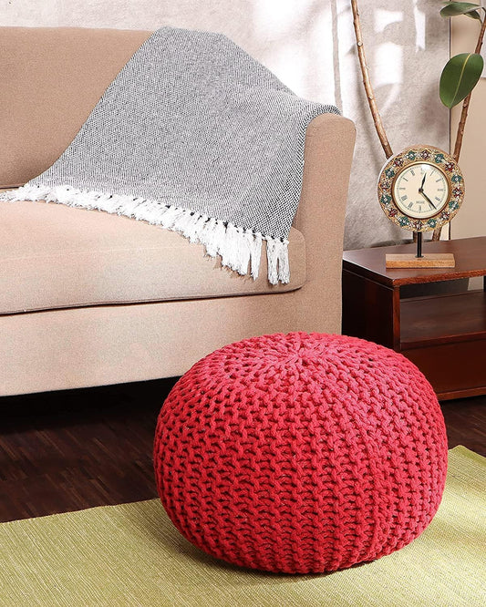· round Pouf Ottoman - Hand Knitted Cable Boho Poof - Foot Stool Bean Bag - Home Décor Stuffed Footrest for Living Room - Nursery - Bedroom - 100% Cotton Poufs (19.5"X19.5"X14") - Red