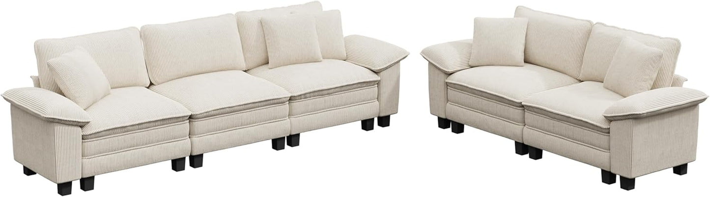 Cloud Modular Couches Sets, 2 Pieces Comfy Sectional Sofa Set with Loveseat, 5-Seater Upholstered Couch for Living Room, Corduroy, Beige