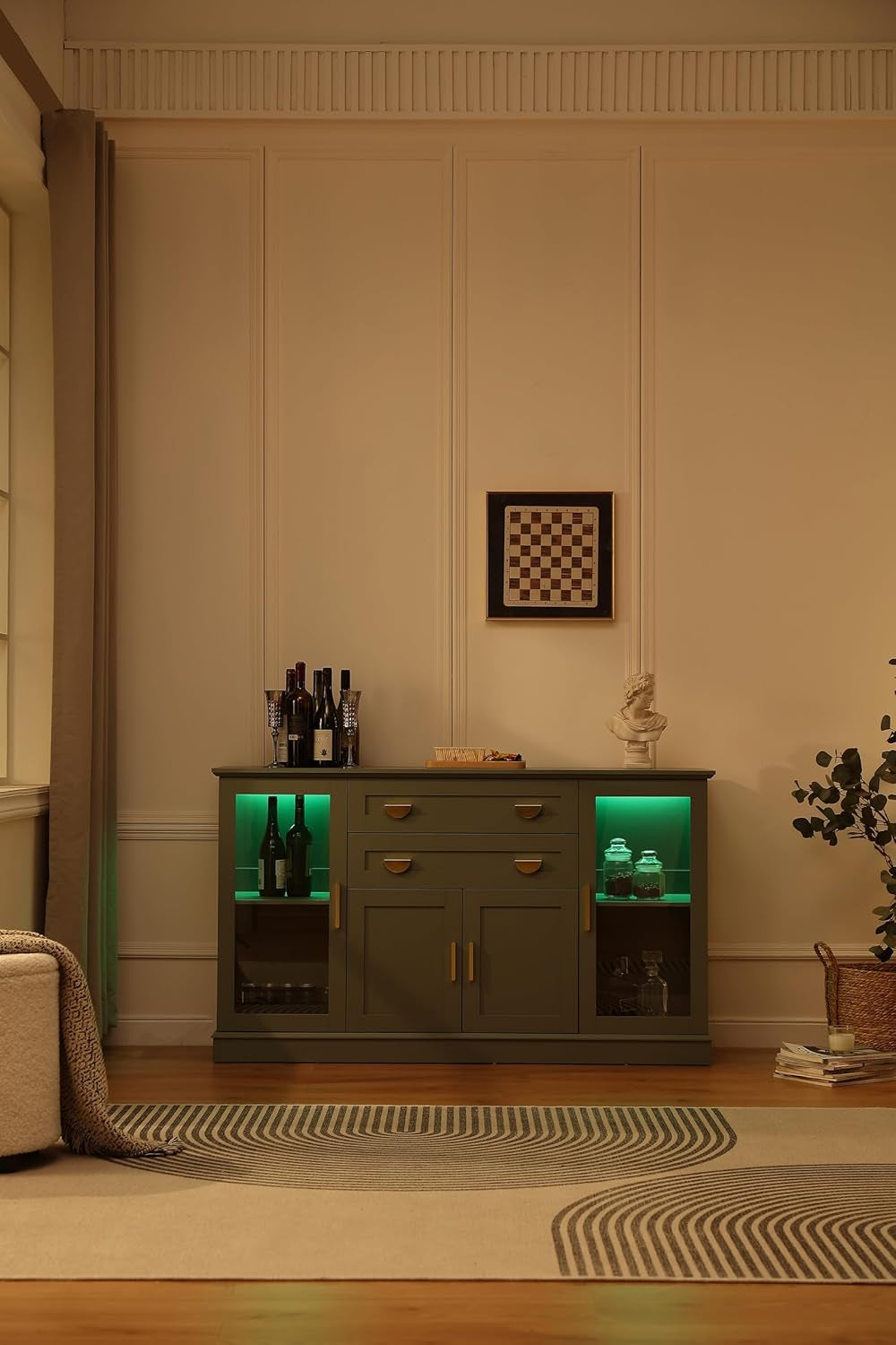 58.27'' Buffet Cabinet with 2 Drawers and Adjustable Shelves,Large Glass Door Coffee Bar Cabinet,Modern Farmhouse Sideboard Credenza for Kitchen,Green