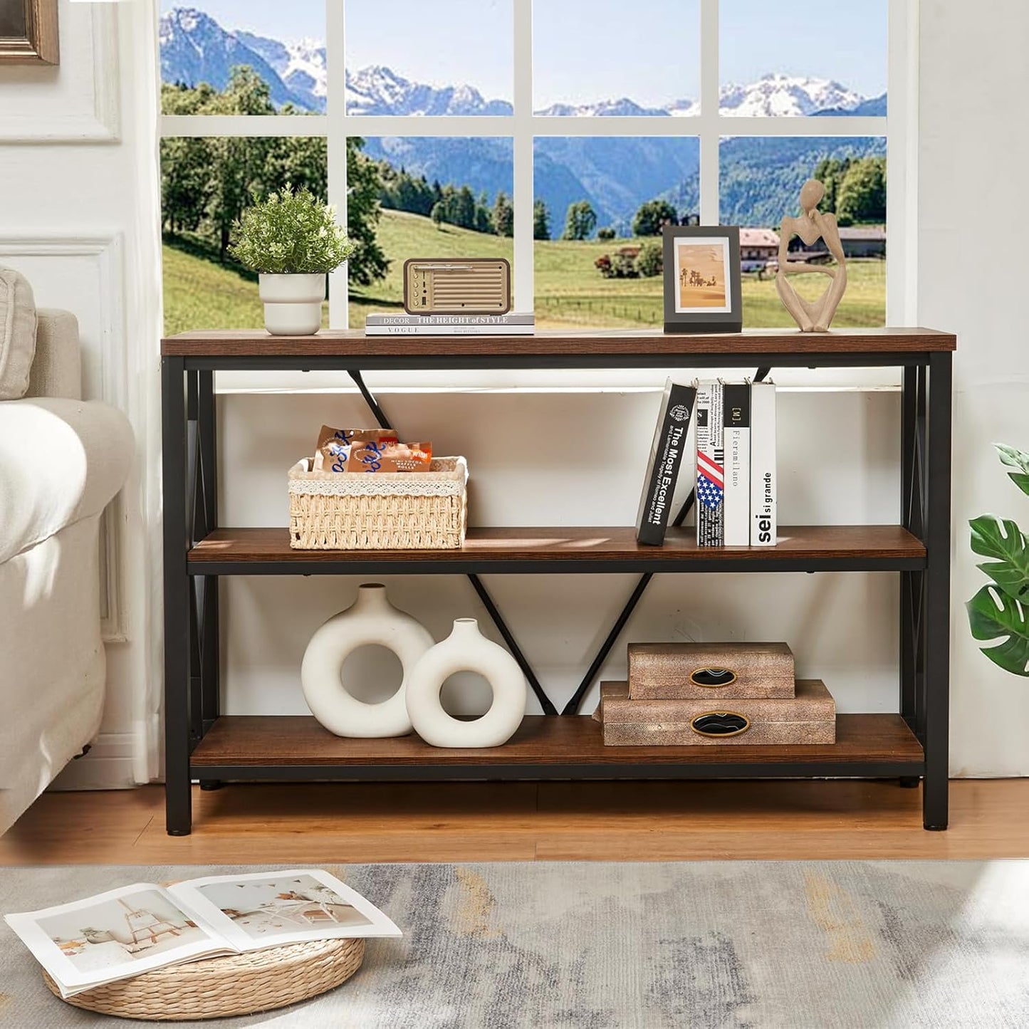 Sofa Console Table, Rustic Console Table with 3-Tier Storage, Engineered Wood Sofa Tables with Open Shelves, Heavy Duty Entryway Tables for Living Room, Hallway (47 Inch, Rustic Brown)