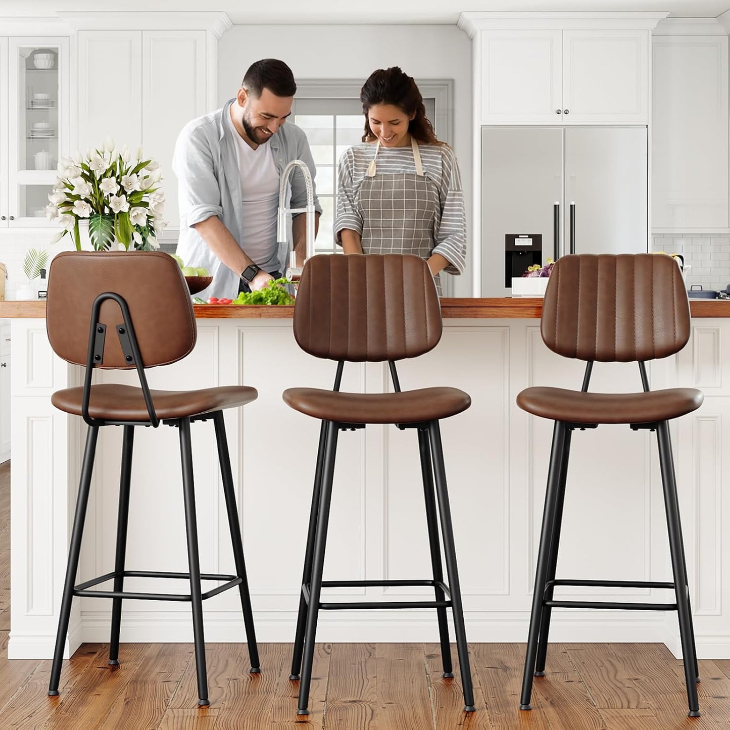 29-Inch Leather Bar Stools Set of 2, Counter Height Barstools with High Backrest,Bar Chairs for Kitchen Island with Heavy Duty Metal Legs, Dark Brown