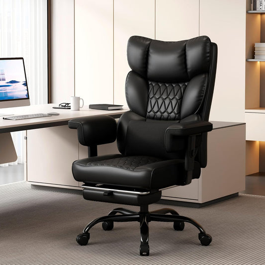 Big and Tall Office Chair with Footrest, High Back Executive Desk Chair with Adjustable Lift Armrest, 155°Recline,Lumbar Support Pillow, Faux Leather Gaming Chairs for Home or Office Black