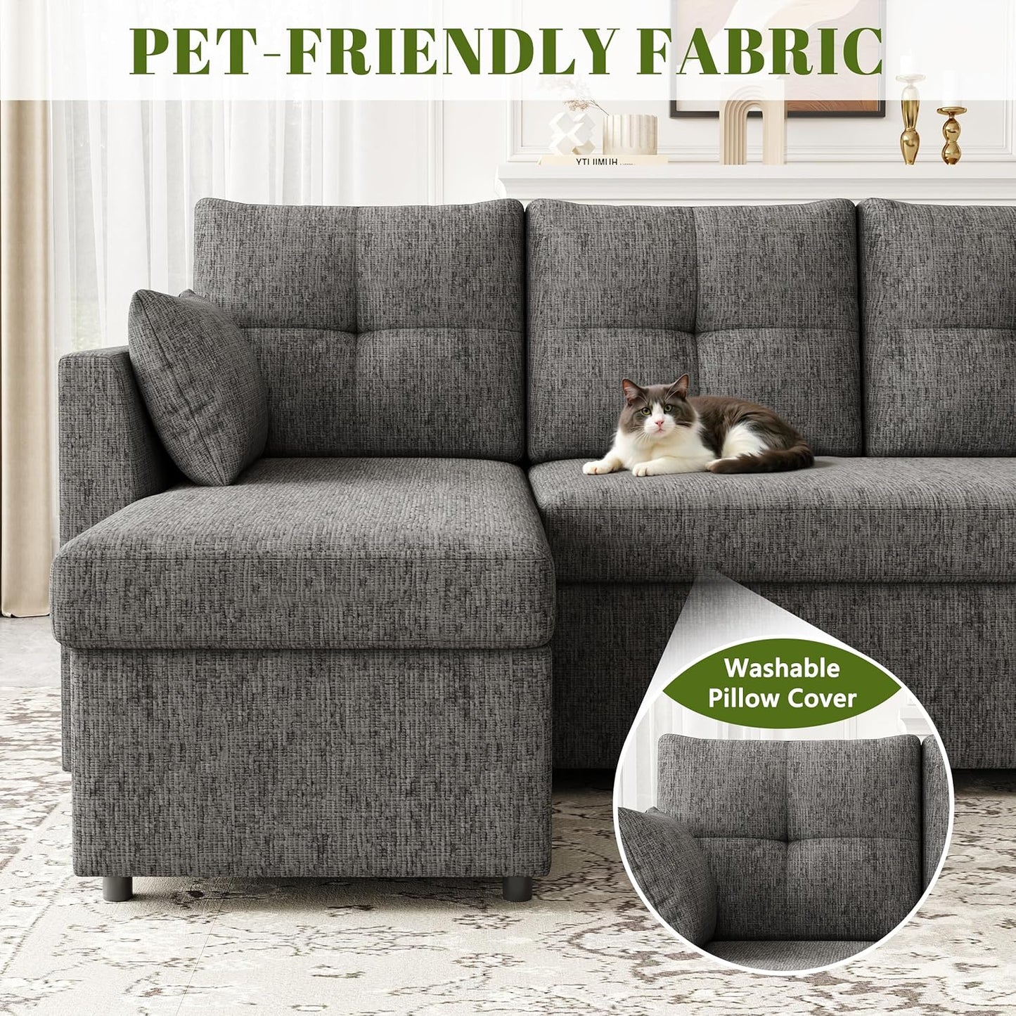 Oversized Sleeper Couch Sofa, 110 Inch 2 in 1 Pull Out Couch with Double Storage Chaise, Sectional Sleeper Sofa Bed with Side Pocket for Living Room, Dark Grey