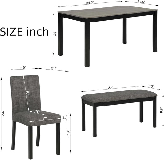 Dining Table Set for 5, Modern 6 Piece Dining Room Table Set with Rectangular Table 4 Upholstered Backrest Chairs and a Bench, Counter Height Kitchen Sets with Wood Grain Surface, Black