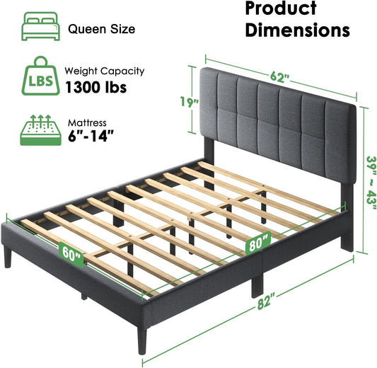 Queen Size Bed Frame, Sturdy and Durable with 12 Support Legs, 1300 Lbs Capacity, Solid Wooden Upholstered Adjustable Headboard for 6"-12" Mattresses, Easy Assembly, Ideal Height, Dark Gray