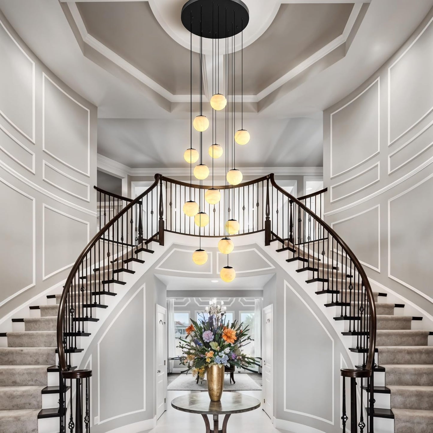 Black Alabaster Staircase Chandelier, 14-Light Modern Marble Pendant Light for High Ceiling Foyer, Luxury Statement Fixture for Entryway & Living Room