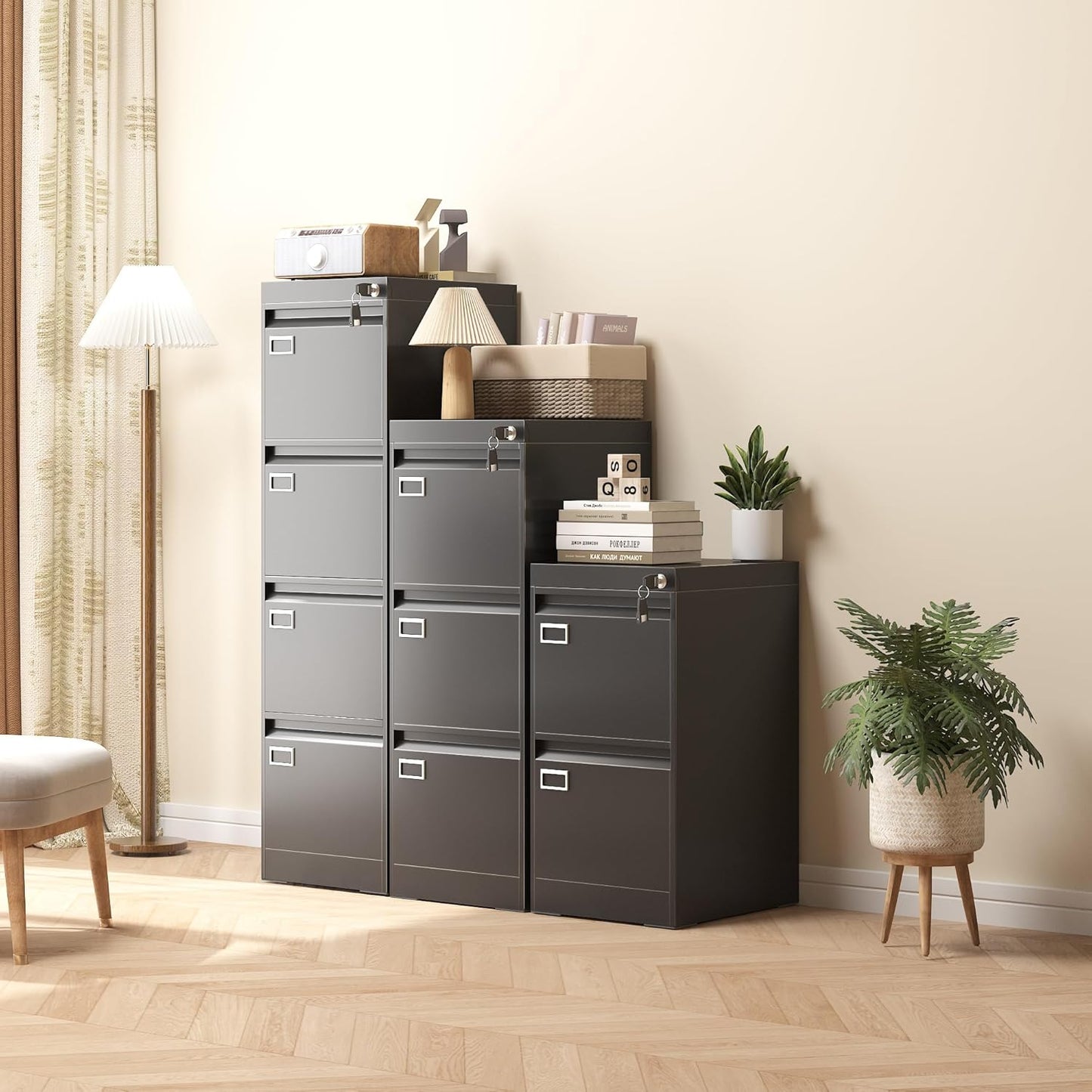 4 Drawer Metal File Cabinet with Lock, Black Lockable Filing Cabinets, Vertical Small File Cabinet with Key, under Desk Filing Cabinets for Home Office