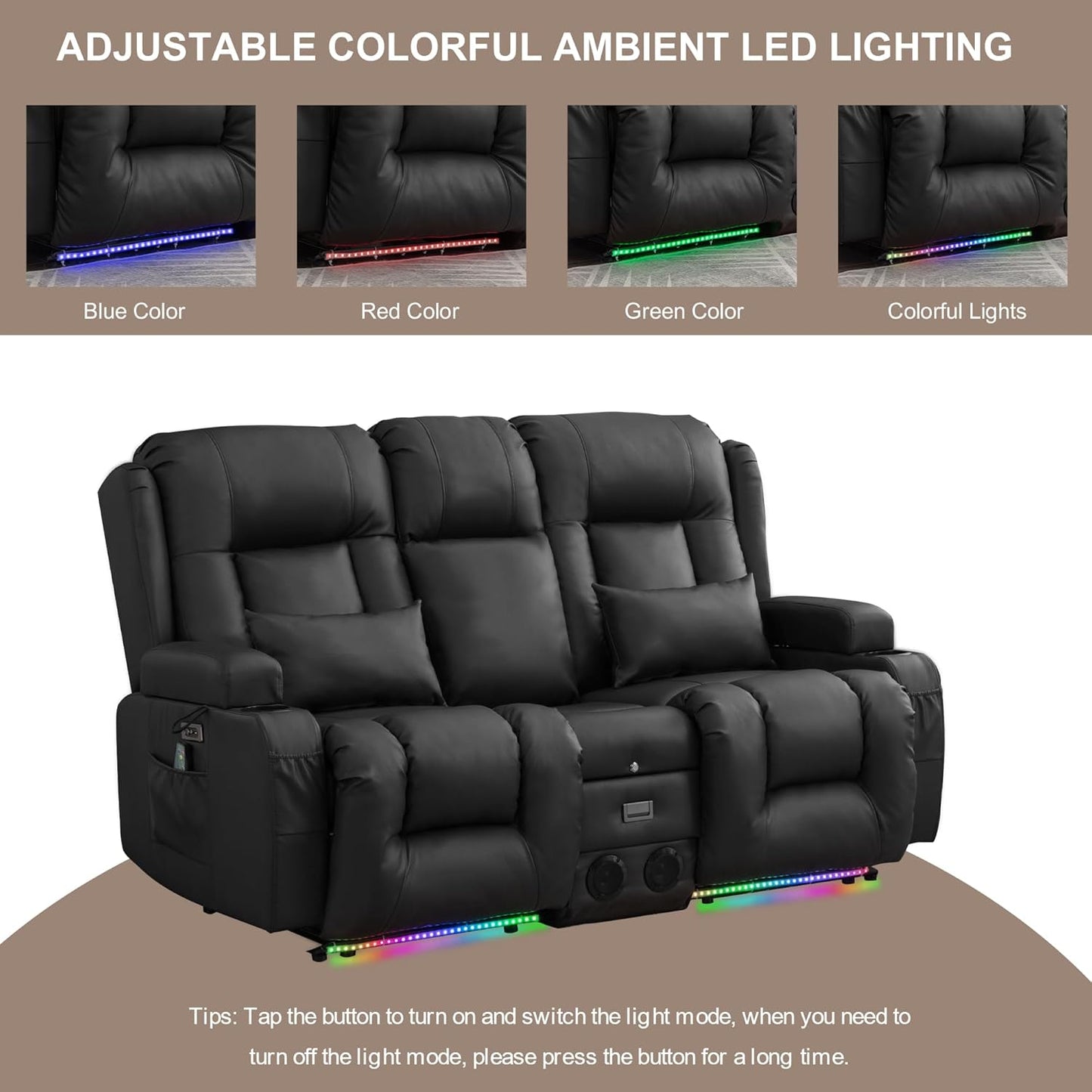 Power Loveseat Recliner Sofa with Massage & Heat Home Theater Seating with Console RV Recliner Loveseat Sofa with Usb/Outlet/Storage/Side Pocket/Led Light/Speaker (Black, Loveseat)