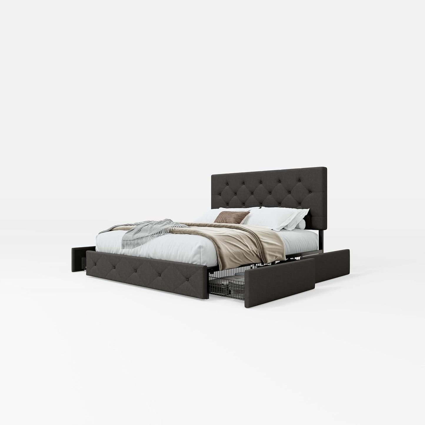 Upholstered Queen Size Platform Bed Frame with 4 Storage Drawers, Adjustable Headboard with Diamond Stitched Button Tufted Design, Wooden Slat Support, No Box Spring Needed, Dark Grey