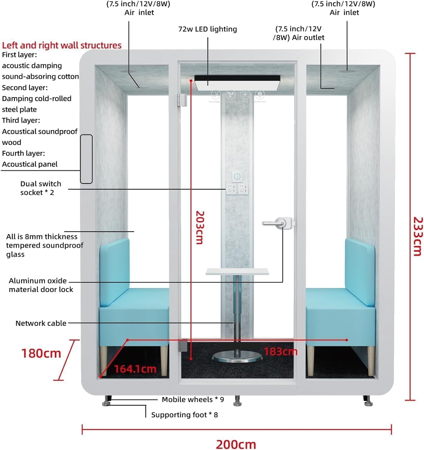 Mobile Office Pod Booth, Sound Proof Office Pod Booth with Mobile Roller, Larger Space for 2-4 People, LED Lighting System,Fans and AC USB Ports(White-Grey)