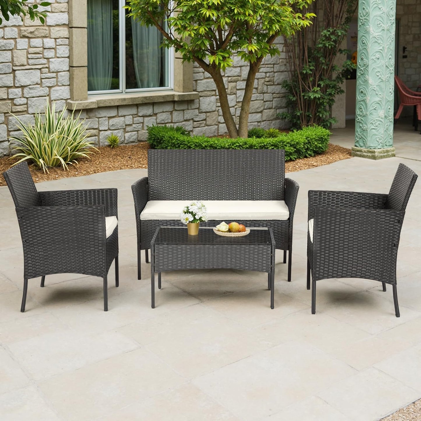 | 4-Piece Patio Furniture Set | Black | Outdoor Wicker Furniture with Coffee Table | Modern Rattan Chairs Conversation Set | Outdoor Seating | Weather-Resistant | for Porch, Garden, Lawn