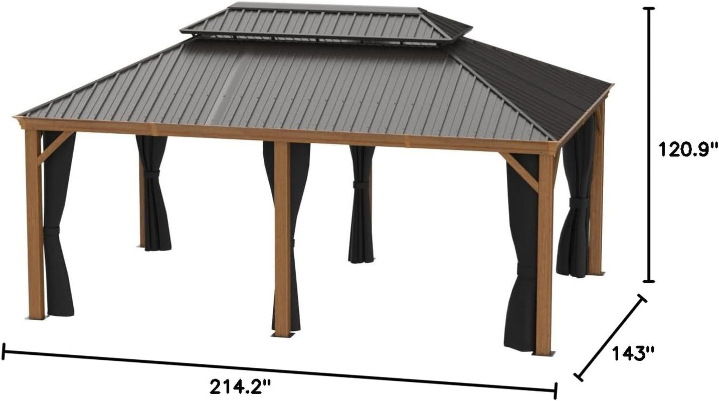 12' X 18' Outdoor Hardtop Gazebo for Patio Galvanized Steel Double Roof Permanent Canopy Teak Finish Coated Aluminum Frame Pavilion Gazebo with Netting