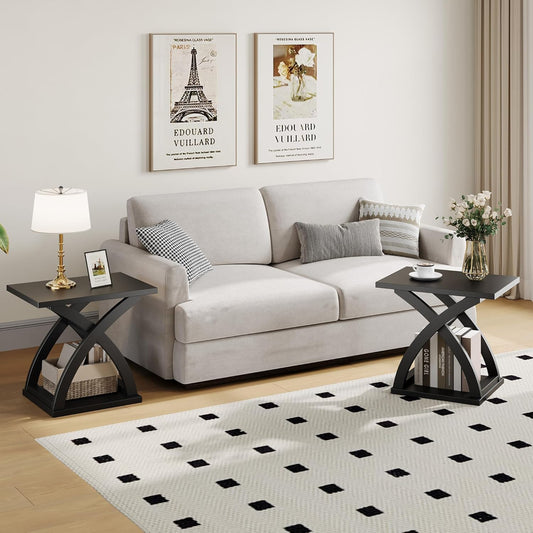 End Side Table Set of 2, Modern End Table with Storage Shelf, X-Design Side Table Living Room