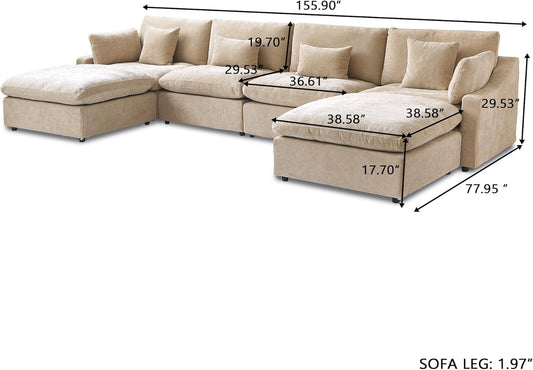 U-Shaped Sectional Couches for Living Room, Cloud Sectional Couch with Deep Seat, 155.9" Modular Sofa with Chaise, Covers Removable & Washable, Sofas Furniture for Living Room, Khaki