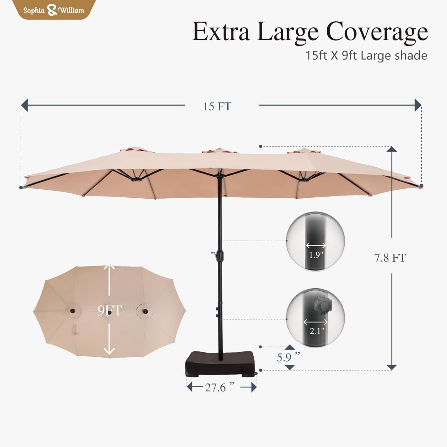 15 Ft Extra Large Patio Umbrella with Base Included, Rectangular Outdoor Umbrella Heavy Duty, Market Umbrella Double-Sided Fade Resistant for Pool Garden Backyard, Beige