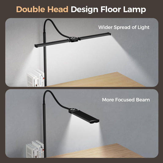 LED Floor Lamp for Living Room, Bright Reading Lamps for Office, Adjustable Colors Temperatures&Brightness, Dual Head Goose-Neck Standing Lamp, Remote and Button Control, Eye Caring Tall Lamp, Black