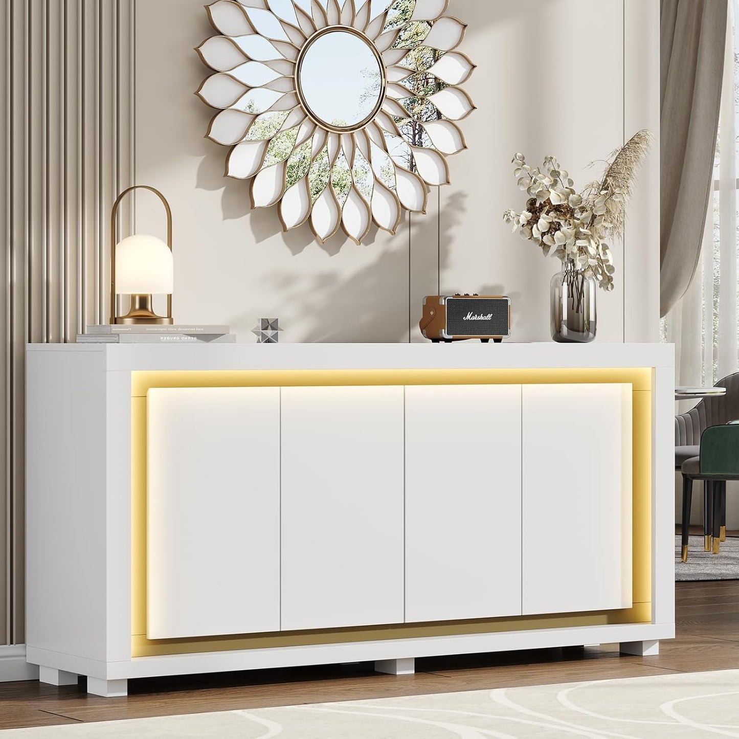 63"Sideboard Buffet Cabinet,Kitchen Buffet Storage Cabinet with Power Outlets & LED Light, Modern Storage Cabinet with 4 Doors,Coffee Bar Console Wine Bar for Living Room,Kitchen,Hallway (White)