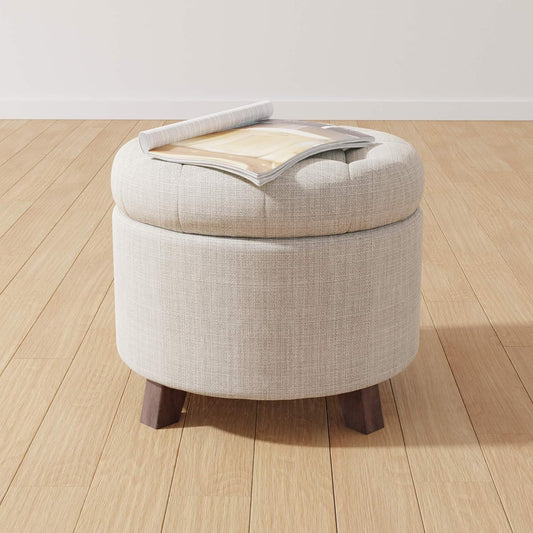 round Linen Ottoman with Storage, Tufted Upholstered Footstool for Living Room and Bedroom, 20" X 17", Linen Burlap Beige