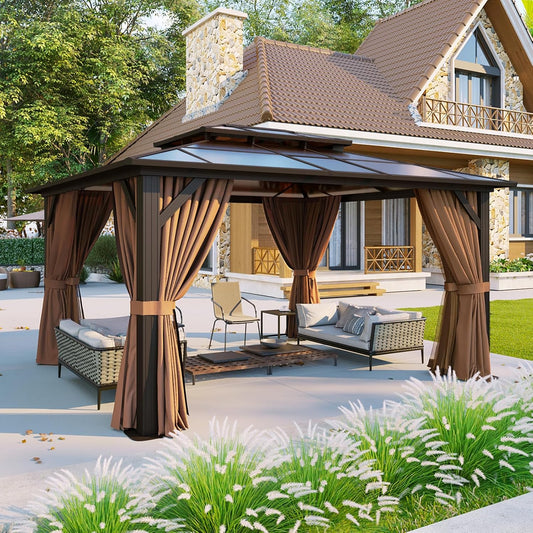 12'X10' Hardtop Gazebo, Aluminum Frame Permanent Pavilion with Curtains and Netting, Outdoor Polycarbonate Double Roof Canopy, Designed for Garden, Lawns, Patio, Brown