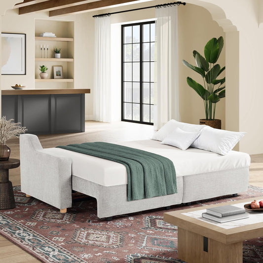 Glendle 90.2" Queen Size Wll-Hugging Convertible Sof, Dremcoil Comfort, Chenille Fbric, Crem