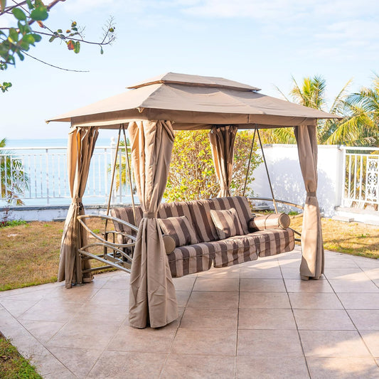 3 Person Outdoor Patio Porch Swing Gazebo with Netting & Gazebo Curtains with Canopy Swings for Adults