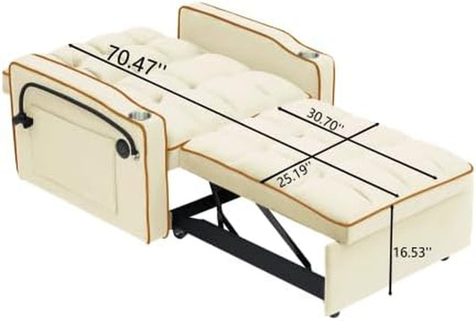 Convertible Sleeper Chair, Pull Out Chair Sleeper with Bracket and Cup Holder, Chairs Bed Sleepers for Adults, 3 in 1 Sofa Bed Chairs for Small Spaces, Living Room, Creamy White
