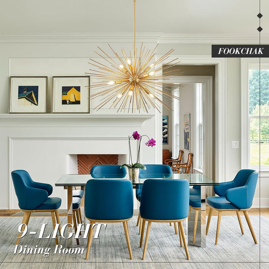 32In Gold Sputnik Chandelier Solid Metal Starburst Chandelier Light Fixture 9-Light Mid-Century Modern Satellite Light Fixture for Living Room Dining Room Foyer Study Room Bathroom,E12