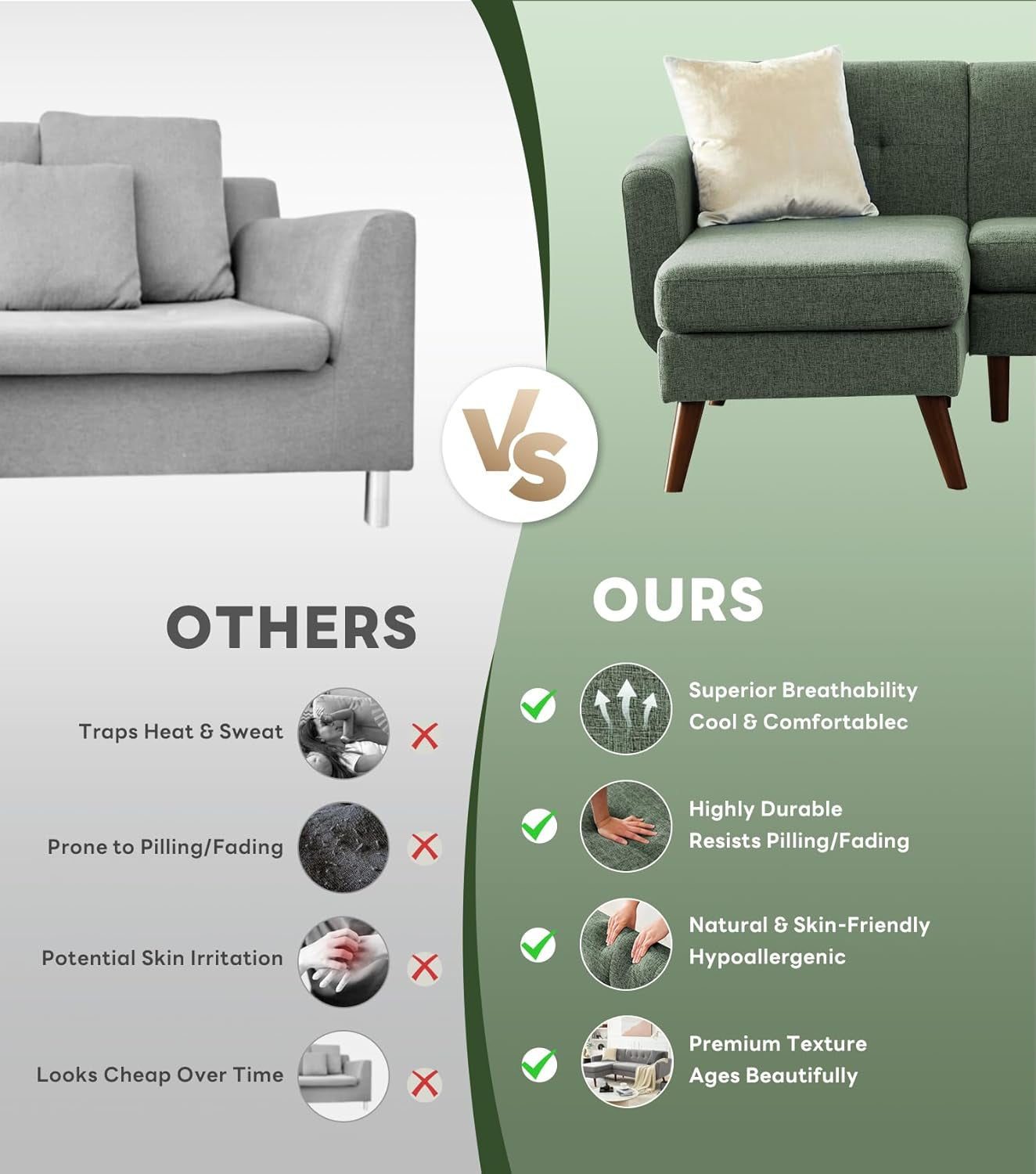 L Shaped Couch Sofa, 80" W Mid-Century Modern Sectional Couches, 3 Seater Sofas with Wide Chaise Lounge, Button Tufted Upholstered Sectional Sofa for Living Room, Bedroom, Green | Linen Fabric, Button Tufted, Solid Wood Foot, Pocket Spring, Wood Slats Frame