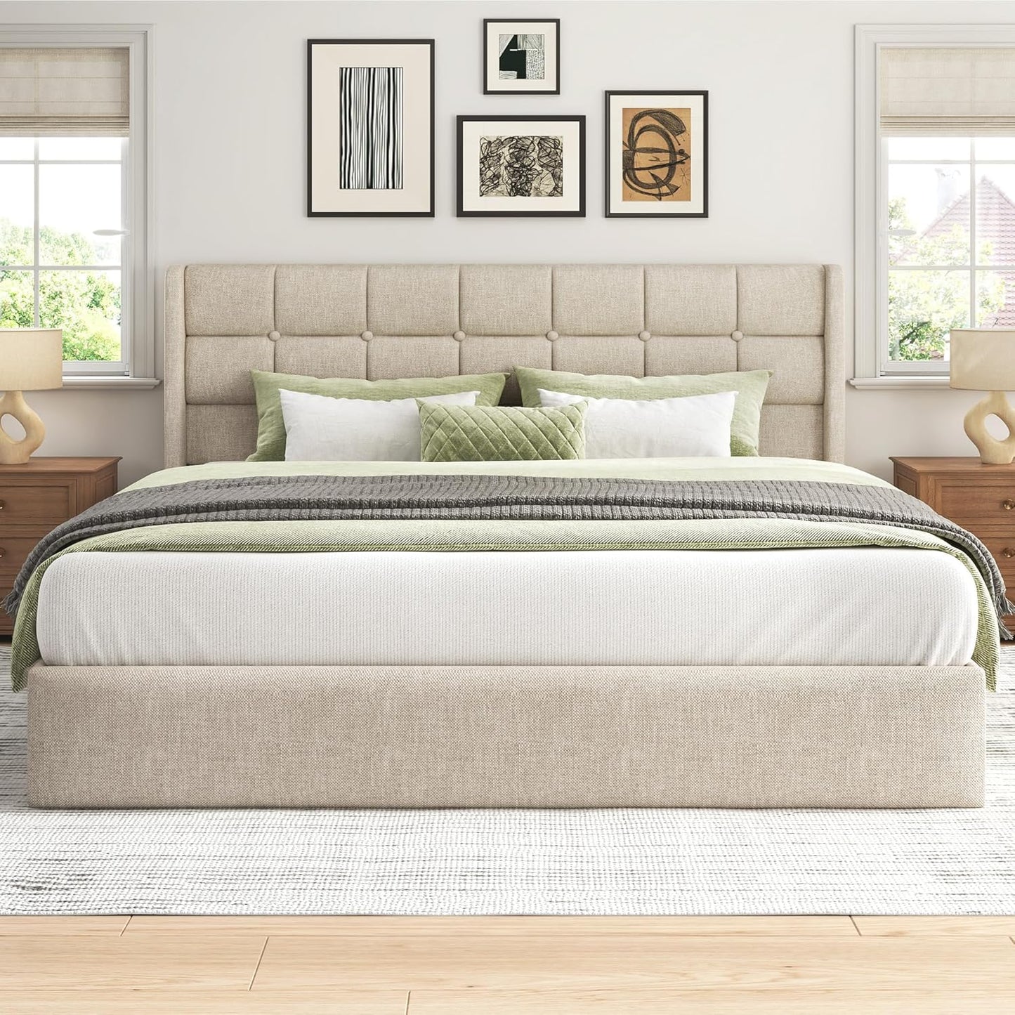 King Size Lift up Storage Bed Frame, Linen Upholstered King Platform with Button Tufted Wingback Headboard and Under-Bed Storage, Hydraulic Support, No Box Spring Needed, Noise Free, Beige