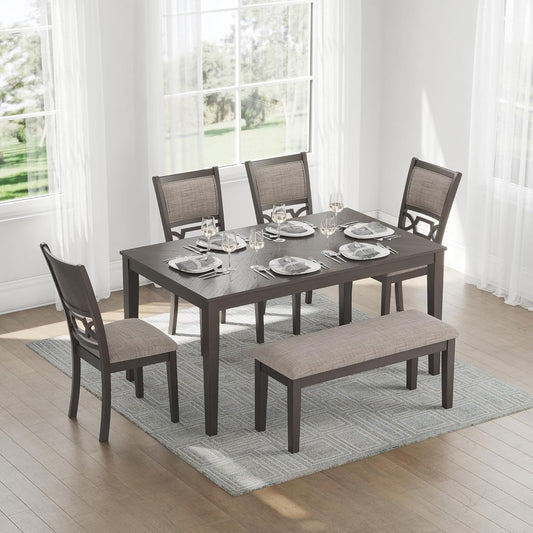 Wrenning Diamond Patterned Dining Table Set, 4 Upholstered Chairs and Bench, Seats 6, Wood, Gray