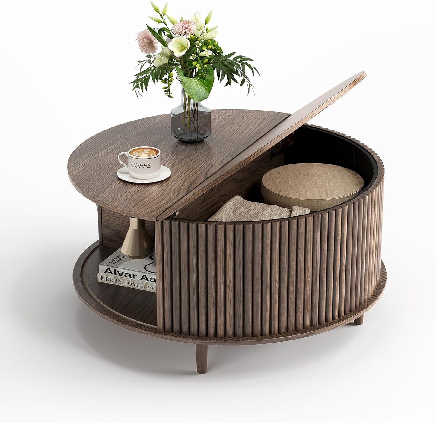 Round Coffee Table with Storage, 31.5" Fluted Center Table for Living Room, Modern Walnut Wood Circle Drum Table with Sliding Cabinet Door, Mid Century Furniture for Small Space