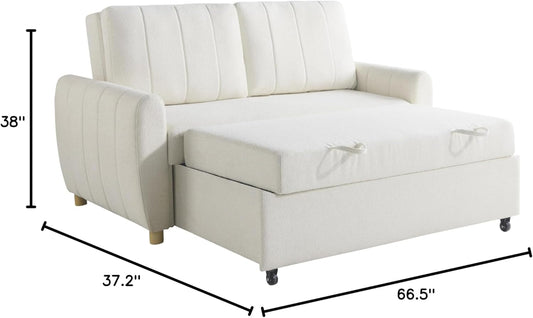 Galway 66.5" Convertile Sleeper Loveseat, Full Size, Dreamcoil Comfort, Fingerguard Pinch Point Protection, oucle Faric, Ivory