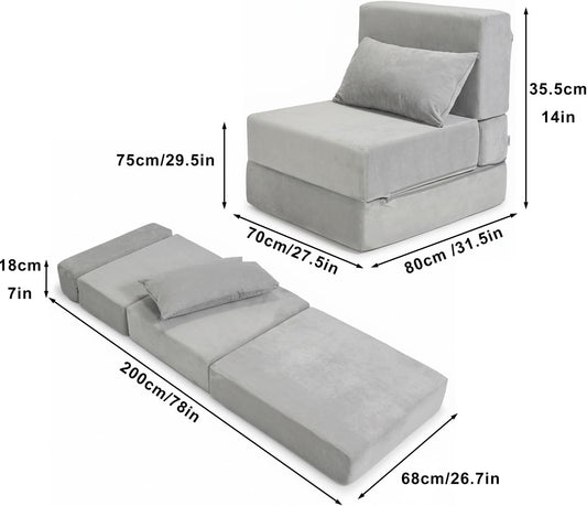 Folding Sofa Bed, Convertible Sleeper Chair with Pillow, Foldable Mattress & Back Support, Portable Floor Lounger Futon for Apartment, Dorm, Living Room, Bedroom, Grey