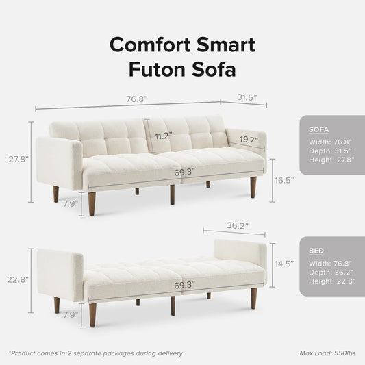 76.4" Futon Sofa Bed, Couch, Loveseat, Sleeper Sofa, Mid Century Modern Futon Couch, Sofa Cama, Couches for Living Room (Aaron, Pearl White Boucle)