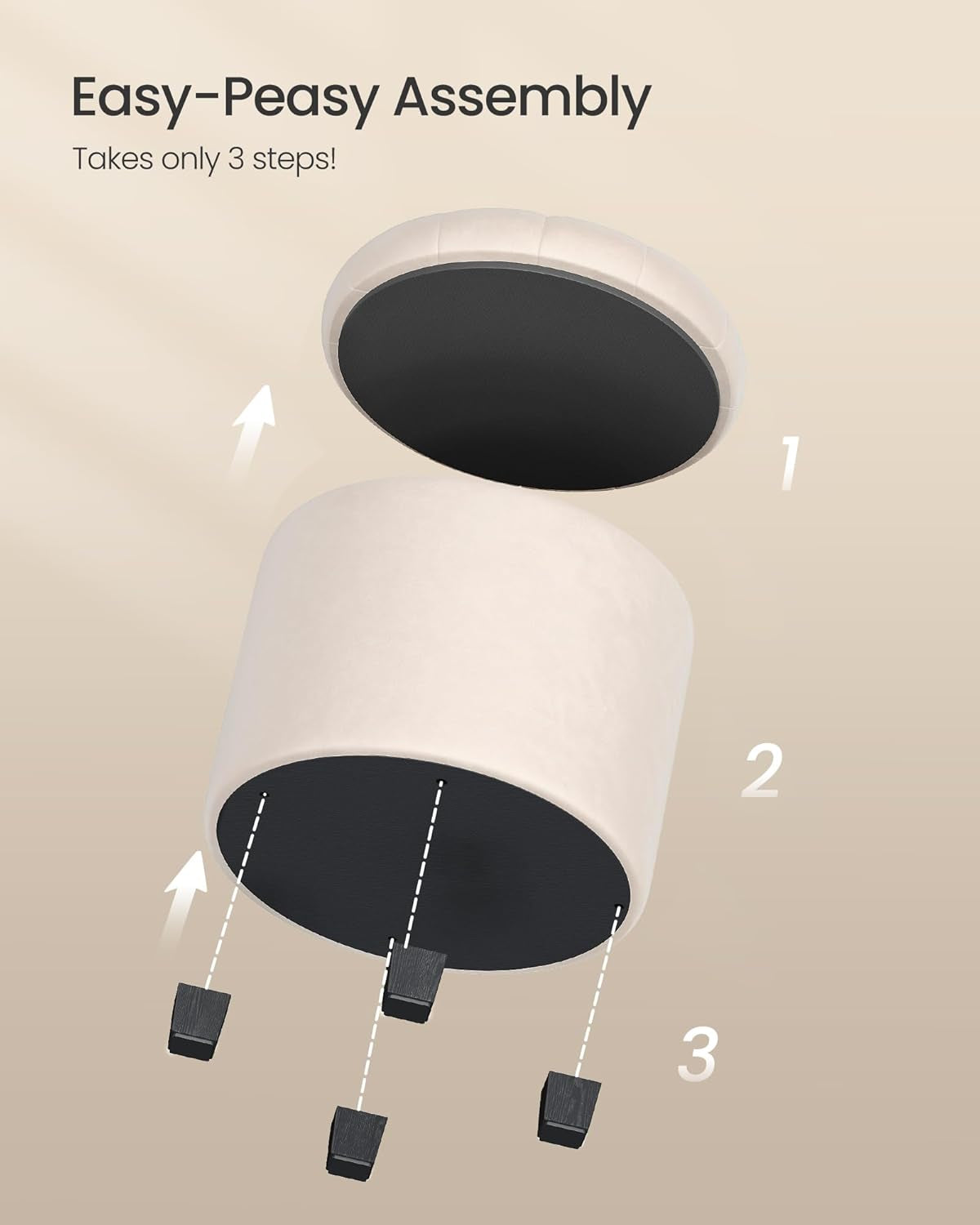 round Ottoman, Ottoman with Storage, 17.7 X 17.7 X 17.5 Inches, Foot Rest with Legs, Velvet, Load up to 330 Lb, for Living Room, Bedroom, Cream White ULOM012W01