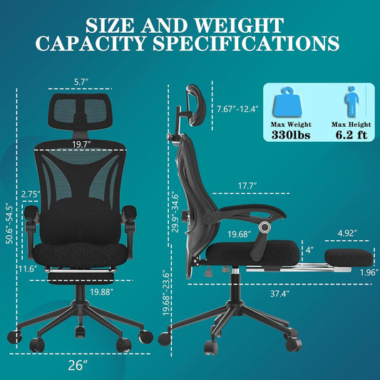 Ergonomic Office Chair with Footrest - Adjustable Lumbar Support & Headrest, 90-160° Reclining Mesh Back Computer Chair - Home Office/Gaming, 350Lbs Capacity (SGS Certified)