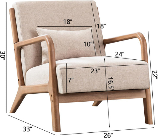 Mid Century Modern Accent Chair with Wood Frame, Upholstered Living Room Chairs with Waist Cushion, Reading Armchair for Bedroom Sunroom (Beige)