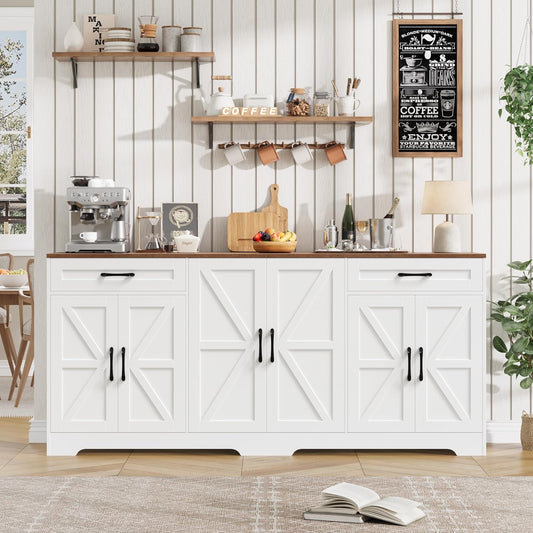 71” Large Sideboard Buffet Cabinet with Storage, Farmhouse Kitchen Buffet Cabinet with Adjustable Shelves and 6 Barn Doors, Wood Coffee Wine Bar Console Table for Kitchen, Dining Room, White