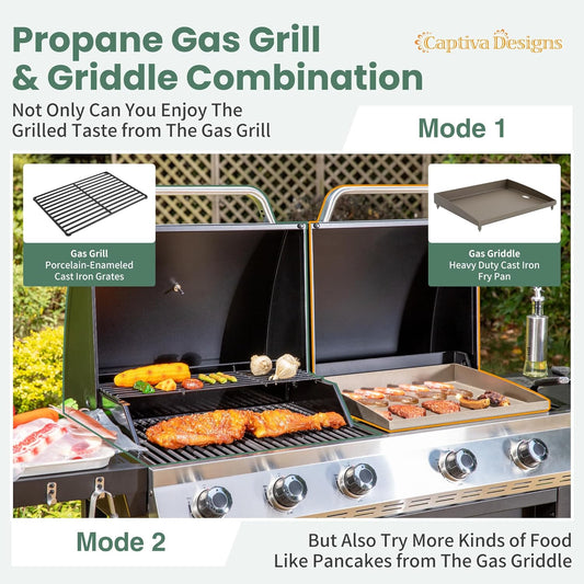 Propane Gas Griddle Grill Combo with Porcelain-Enameled Cast Iron Grate & Cast Iron Pan, Dual BBQ Grill with Flat Top Griddle for Outdoor Kitchen & Backyard Barbecue,696 SQIN Cook Area