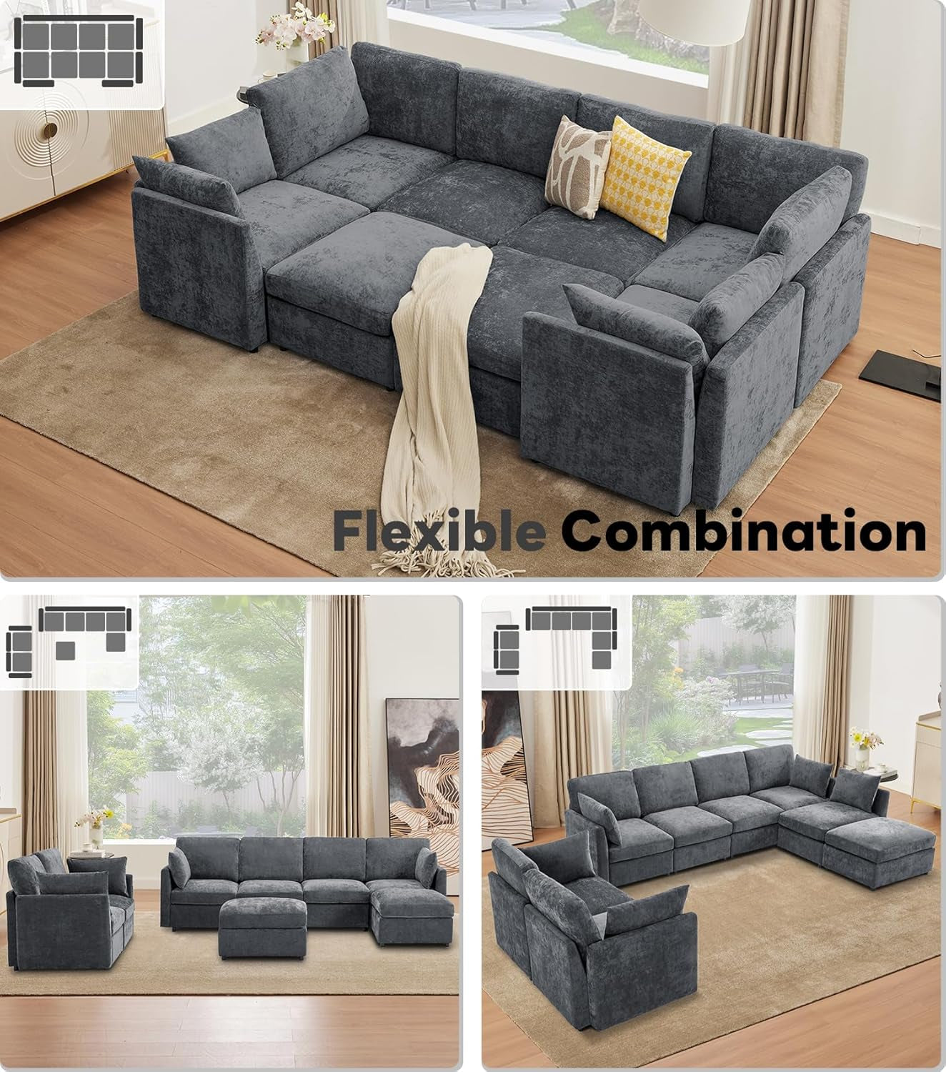 Modular Sectional Couch 8 Seat, Cloud Sofa for Living Room,Chenille Sofa Set with Ottoman, Grey
