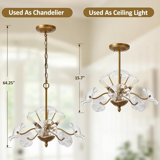 Modern Gold Chandelier,Vintage Brass Flower Glass Pendant Light Fixture,Mid Century Ceiling Light Fixture for Dining Room, Kitchen, Living Room, Bedroom Hallway Porch,3 Lights