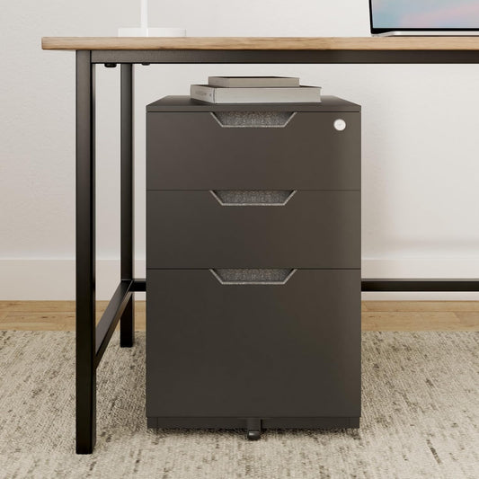 Mobile File Cabinet, Black, 20.71" D X 15.51" W X 24.29" H | with Lock, 3 Drawer