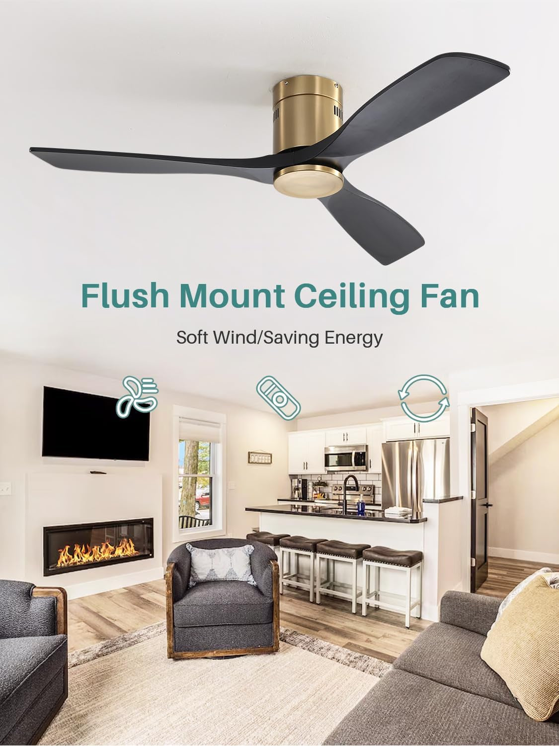 52 Inch Solid Wood Ceiling Fan without Lights Flush Mount Ceiling Fans with Remote Control-Wood Blades Modern Outdoor Ceiling Fan No Light for Bedroom/Farmhouse/Patio/Indoor, Black Gold