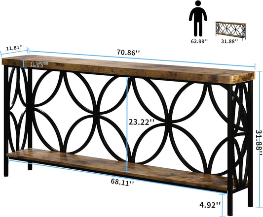 70.9 Inch Extra Long Console Table, Industrial Sofa Table behind Couch with 2 Tier Storage Shelf, Narrow Long Entryway Table for Living Room, Foyer, Hallway, Office, Rustic Brown