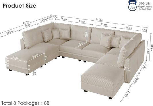 Modular Sectional Sofa with Storage Seats, Corduroy Convertible Modular U Shaped Sectional Couch for Living Room, 8 Seat Oversized Sofa with 8 Back Cushion 8 Throw Pillow, Beige