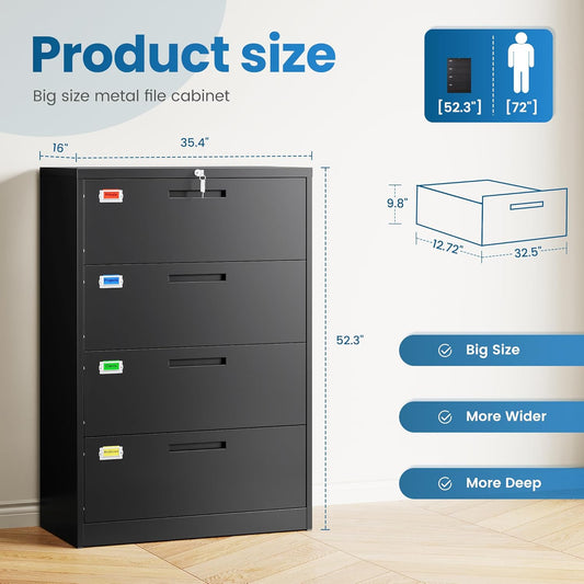 4 Drawer File Cabinet, Lateral Filing Cabinets for Home Office, Office Storage Drawers with Lock, Hanging Files Legal/Letter A4 Size (Assemble Required,Black)